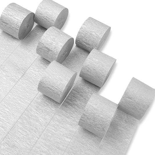 PartyWoo Silver Crepe Paper Streamers 8 Rolls 656 ft Pack of Metallic Silver Crepe Paper for Graduation Baby Shower New Year Birthday Party Decorations (1.8 Inch x 82 Ft/Roll), Silver-706