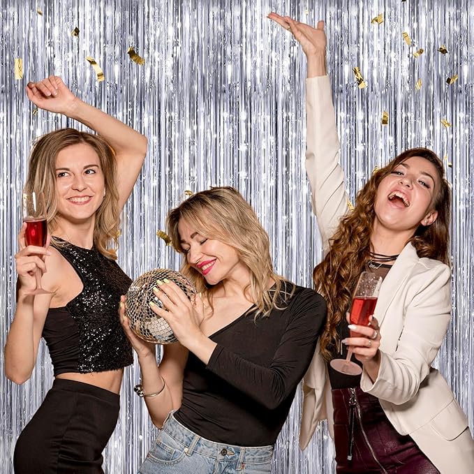 Silver Metallic Tinsel Foil Fringe Curtains Backdrop 2Pack 3.3x8.3Ft Silver Party Streamers for Birthday Party Decorations Halloween Christmas Decors Foil Curtain Backdrop for Bachelorette Wedding