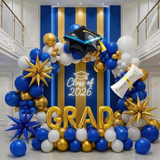 138Pcs Graduation Balloon Garland Arch Kit Blue and Gold - Class of 2026 Decorations with GRAD Foil Balloons, Cap and Diploma Balloons for College High School Graduation Prom Party Supplies