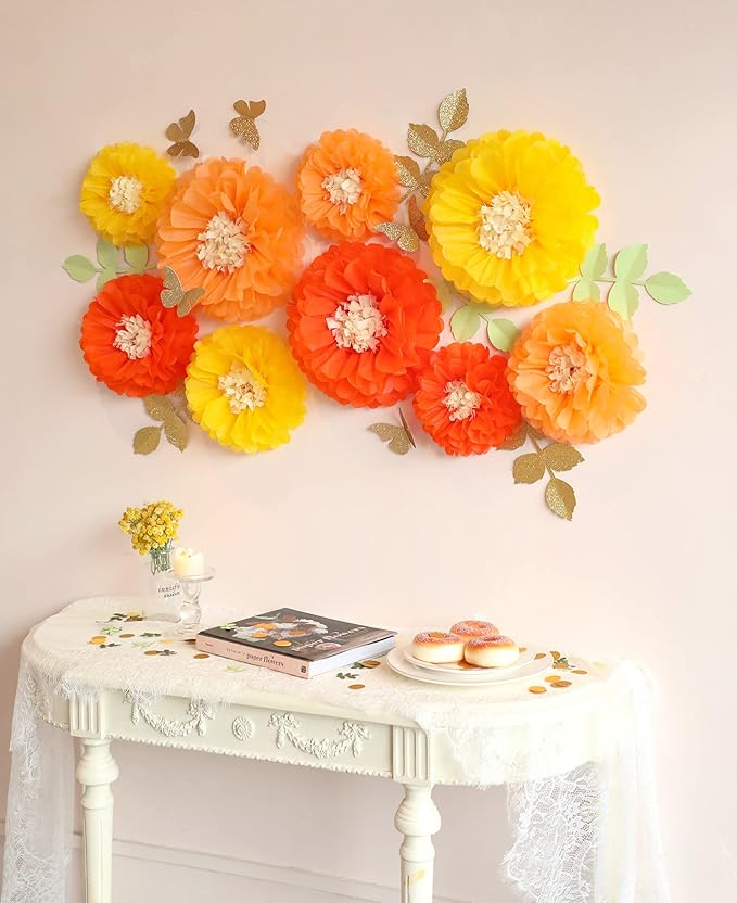 Fonder Mols Tissue Paper Chrysanth Flowers with Butterfly and Olive Leaves for Wedding Baby Shower Nursery Room Parties & Events Decorations Pom Poms (Yellow Orange)