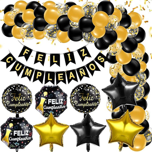 Lunmon 98 Pcs Feliz Cumpleaños Decorations for Men Women Spanish Birthday Decoration Black and Gold Party Decorations Kit Feliz Cumpleaños Banner Black and Gold Balloons for Birthday Party Supplies