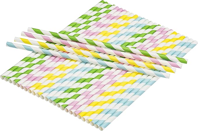 Paper Straws Biodegradable 200 Pack Striped Multi Colored BPA-Free Disposable 8.25" Long Non-Flexible Straw for Everyday/Birthday Party/Easter/Baby Shower/Wedding - By DuraHome