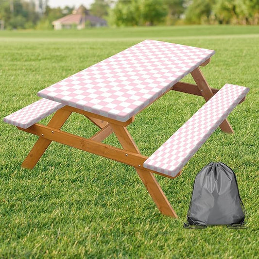 Picnic Table Cover with Bench Covers and Bag, Pink and White Checkered Gingham Buffalo Plaid Camping Tablecloth Cover Waterproof Windproof Elastic Edges Fitted Tablecloths for Outdoor 3PCS 30x96 Inch