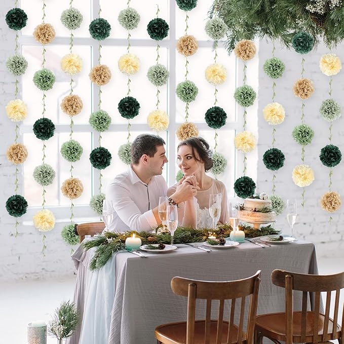 2Pcs Sage Green Tissue Paper Pom Pom Garlands Sage Green Flower Leaves Banner Hanging Paper Flower Garlands for Birthday Baby Shower Boho Wedding Engagement Bridal Shower Party Decor 8.2ft