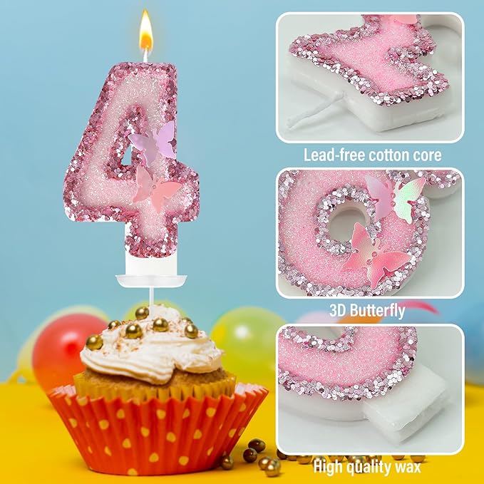 40Th Birthday Candles，Glitter Butterfly Cake Toppers Pink Sequins Wedding Numeral Cupcake Decorations，Suitable for Girl and Boy Wedding Cakes, Party Celebrations, Birthday Decorations (40)