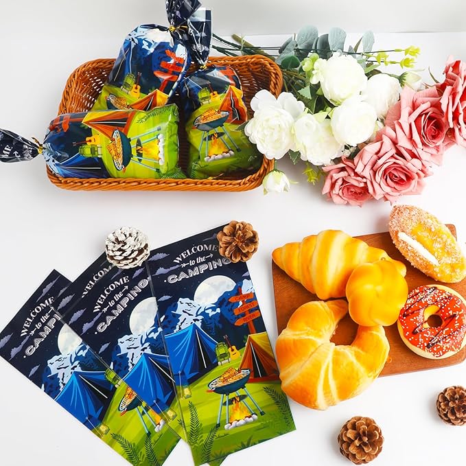 LEOSINDA Camping Cellophane Bags 5x11 Inches, 100Pcs Bulk Clear Treat Bags with 100 Gold Twist Ties, Food-Safe Plastic Gift Bag for Candies, Cookies, Snacks, Christmas, Halloween & Party Favors