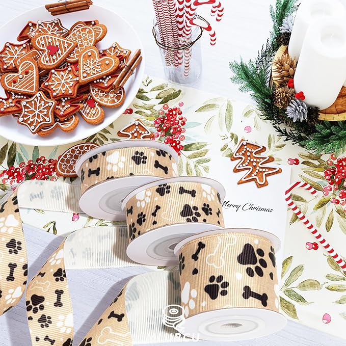 Dog Paw Print and Bone Ribbon Set 3 Rolls Animal Print Grosgrain Ribbons 5/8", 7/8", 1.5", Pet Themed Puppy Party Favor Ribbon for Dog Gift Wrapping, Crafts, Bows, Treat Bags, Pet Decorations