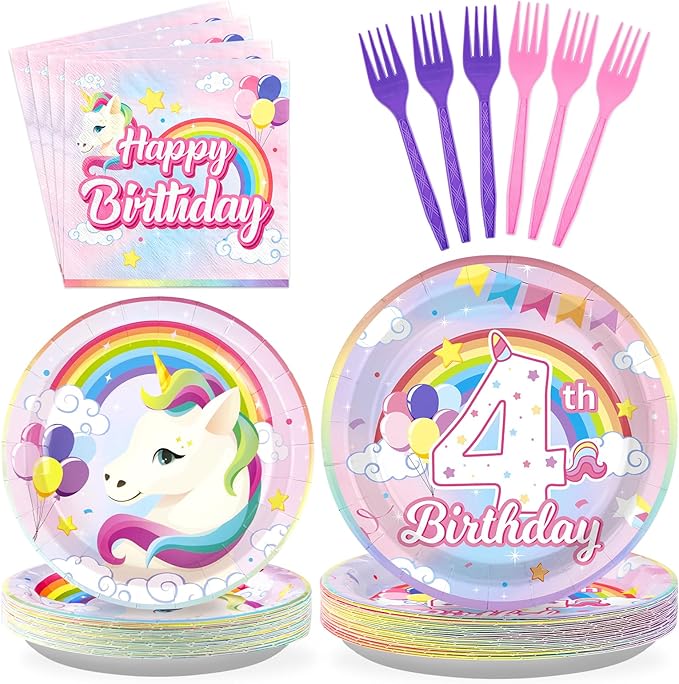 96 Pcs Unicorn 4th Birthday Party Decorations 350 GSM Disposable Rainbow Unicorn Plates and Napkins Tableware Set for Girls Unicorn Themed 4th Birthday Party Baby Shower Supplies Decorations Serves 24