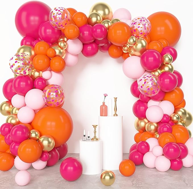 Amandir 153Pcs Pink and Orange Balloon Arch Kit, Different Sizes 18 12 10 5 Inch Metallic Gold Sunset Hot Pink Orange Confetti Latex Balloons Birthday Summer Tropical Graduation Party Decorations