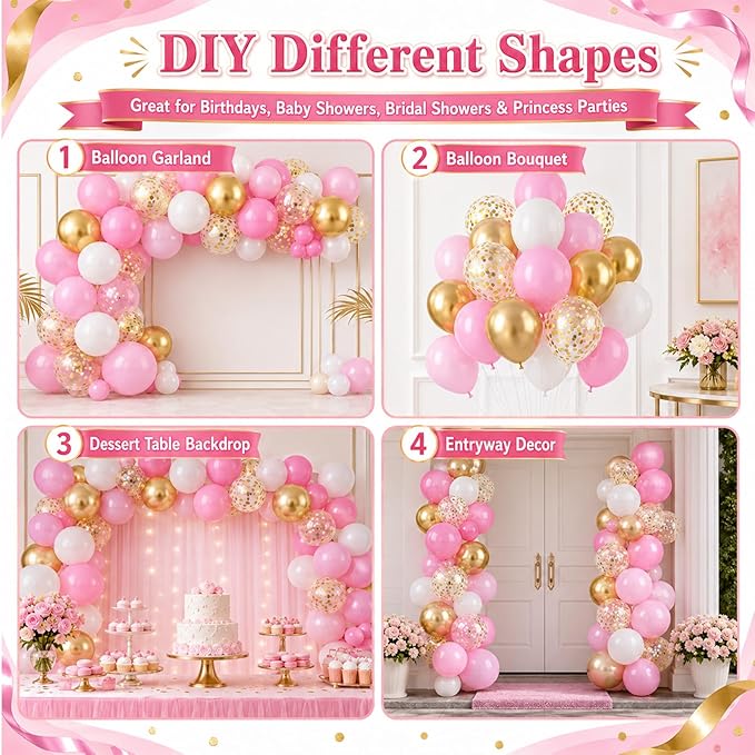 Pink and Gold Balloons 60PCS Pink White and Gold Balloon Set, 12 Inch Metallic Golden Confetti Latex Balloons for Women Girls Birthday Baby Shower Bridal Shower Wedding Princess Party Decor