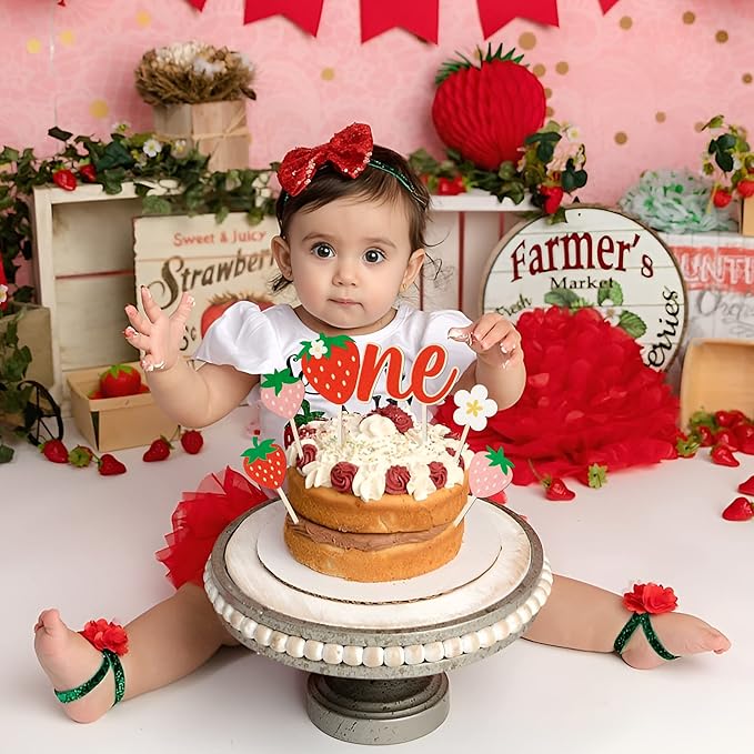 first Birthday Cupcake Topper - 5 Pcs Cute Daisy Strawberry Shortcake Wooden ONE Cake Topper Kids' One Year Old Berry first Happy Birthday Party Cake Dessert Decorations Supplies Baby Shower