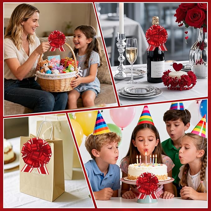 24pcs Red Pull Bow for Gift Basket Wrapping Xmas Gift Bows Presents Adhesive Wrap Ribbon Bow for Christmas Tree Bottles Bouquet Flower Valentine's Day Party Decor (Red-G)