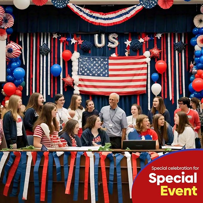 6 Unique Red, White and Blue Streamers, 492ft Pack of Red, White and Blue Crepe Paper Rolls for USA Decorations, American Party Decorations, 4th of July (1.8 inch x 82 ft/Roll)
