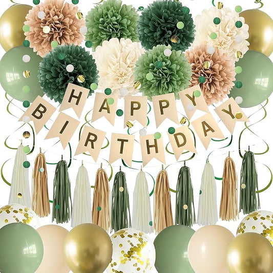 Green Birthday Party Decorations for Women Girls with Happy Birthday Banner,Tissue Paper Pompoms, Paper Tassel,Circle Garland,Hanging Swirl,Decorations Balloons for Party Decor (sage green)