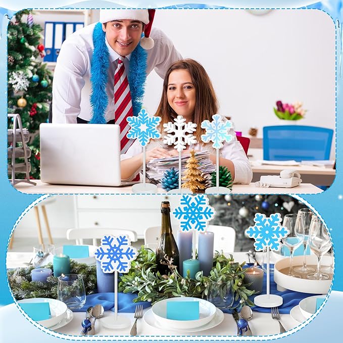Geelin 10 Pcs Wooden Snowflake Table Decor Winter Decoration Snowflakes Table Centerpiece Standing Snowflakes Tabletop Signs Tabletop Gift for Winter Holiday Wonderland Home Desk Party Decoration