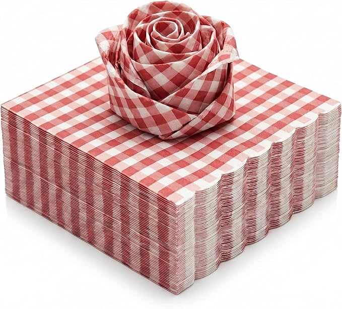 100 Pcs Red Gingham Cocktail Napkins Bulk, Paper Napkins Disposable for Party, Birthday & Wedding, 6.5" Pure Wood Pulp Dinner Napkins, Beverage Napkins