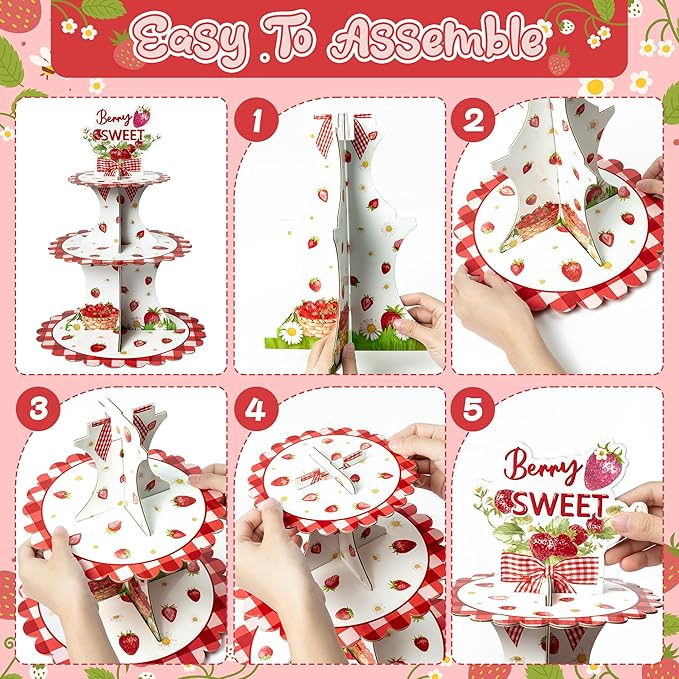 Haooryx Strawberry Cupcake Stand - 3 Tier Berry Sweet Red Plaid Cupcake Tower Cardboard Dessert Holder Pastry Platter for Baby Shower Girls Birthday Spring Summer Holiday Party Table Decoration Supply