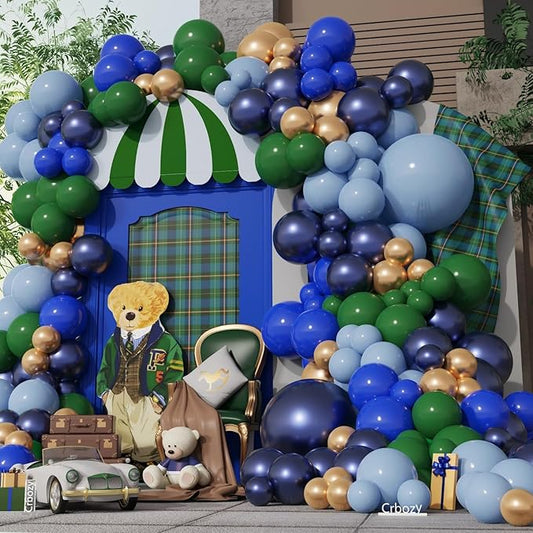 Dusty Blue Green Balloon Arch Kit, 165Pcs Bear Baby Shower Decorations with Royal Blue Green Metallic Gold Latex Balloons for Boys Baby Shower Jungle Birthday Sports Party Decorations