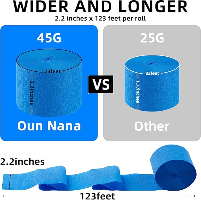 Blue and White Streamers, 2.2" x 123 Ft, 6 Rolls Crepe Paper Streamers Party Supplies for Under The Sea Shark Ocean Themed Birthday Baby Shower Wedding Graduation Decorations, DIY Crafts