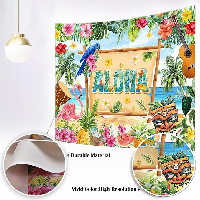 Mocsicka Hawaiian Aloha Party Backdrop Tropical Hawaiian Summer Luau Beach Party Decorations Extra Large for Birthday Mucial Party Baby Shower Photography Background (Greenery, 6x4ft(72''x48''))