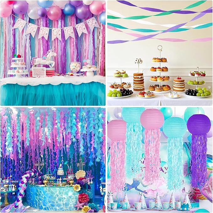 Crepe Paper Streamers 2.2" x 123 Ft Per Roll, Pastel Streamers Party Supplies for Mermaid Princess Birthday Party Baby Shower Wedding Backdrops Decorations, Pink, Green, Blue, White, Purple