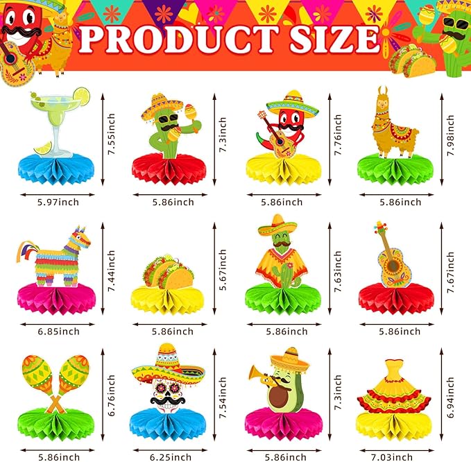 Cinco De Mayo Decoration - 12 Pack Mexican Birthday Centerpiece Honeycomb Garlands, Vibrant Taco Themed Party Supplies for Cinco de Mayo, Fiesta Party Decorations Mexican Party Decor, Taco Party Decorations