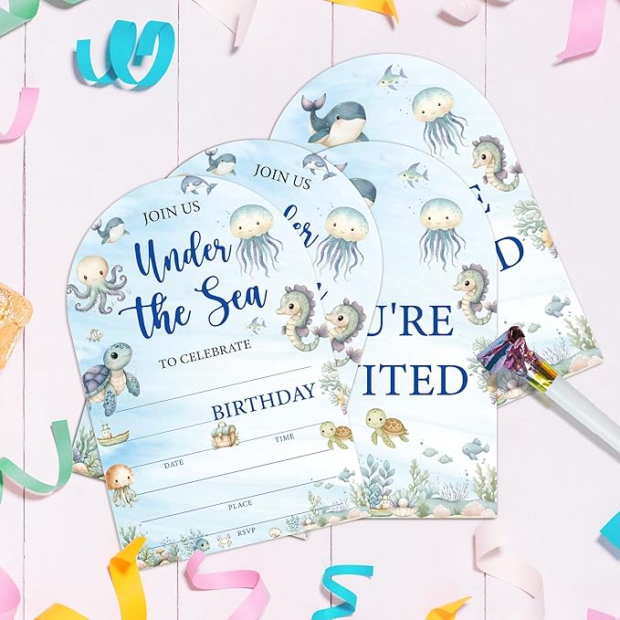 Under The Sea Birthday Party Invitations, Ocean Animals Birthday Invitations for Boys Girls, 20 Fill-In Invitation Cards with Envelopes, Under the Sea Party Decorations (arch)