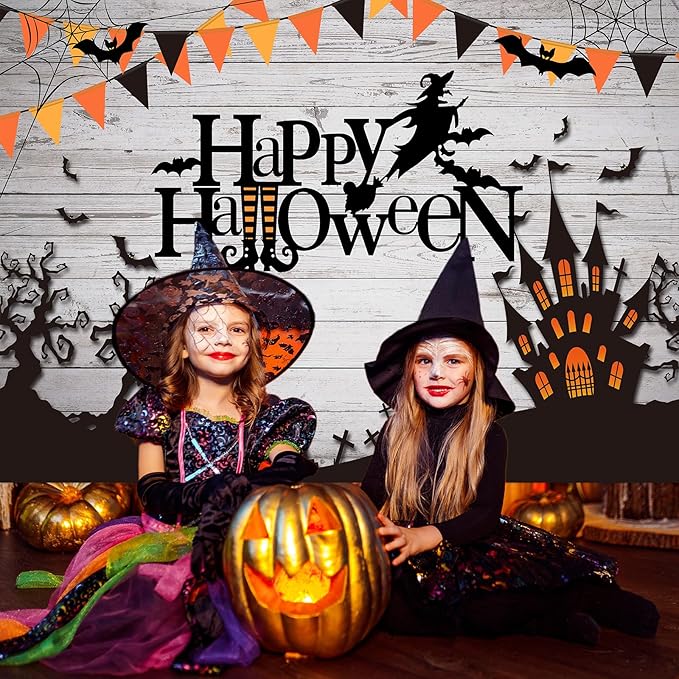 Mocsicka Happy Halloween Backdrop Spider Web Witch and Flying Bats Photography Background Wooden Floor Halloween Party Cake Table Decoration Banner Photo Booth Props (7x5ft)