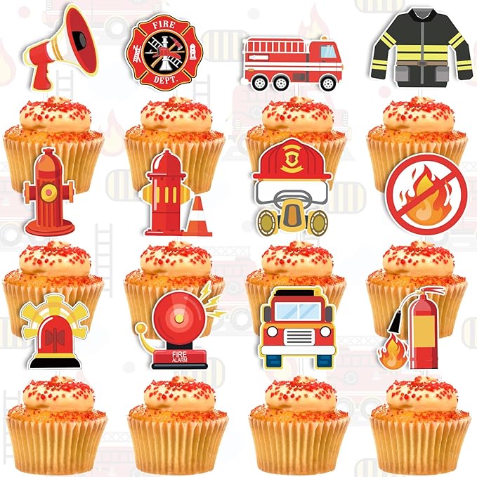 Whaline 72Pcs Fireman Themed Cupcake Topper 12 Designs Fire Truck Firefighter Cupcake Picks Fire Engine Rescue Food Picks with Glue Point for Birthday Baby Shower Party Supplies Cake Decor