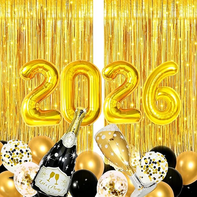 4 Pcs Champagne Balloons, Huge Black Gold Champagne Bottle Goblet Aluminum Foil Balloons for Birthday, Bachelorette, Graduation, Anniversary, 2026 New Years Eve Party Decorations Supplies