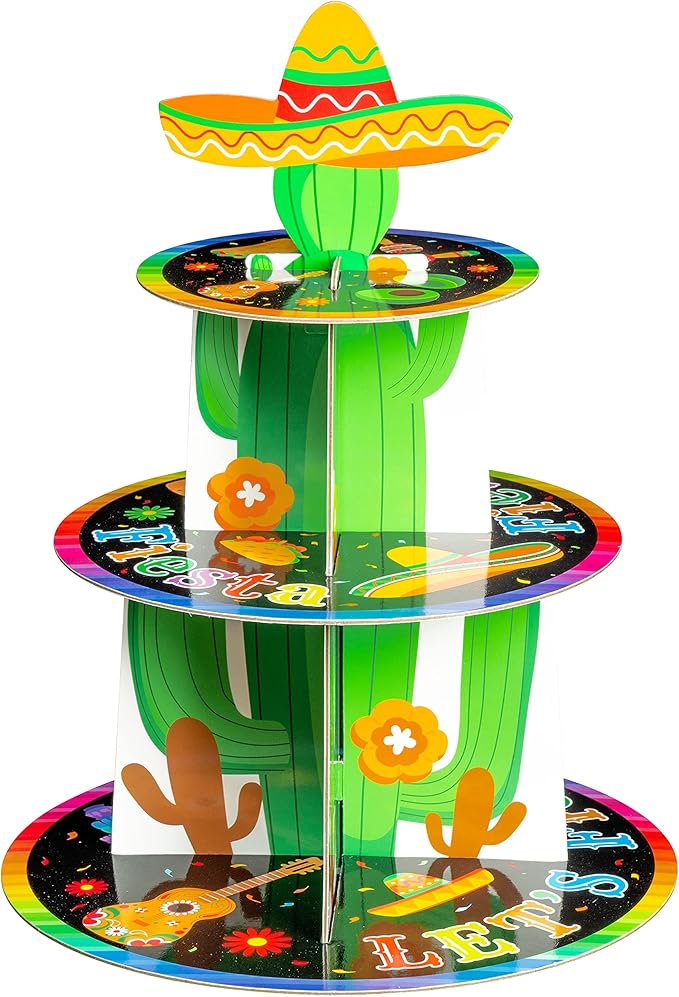 Haooryx Mexican Fiesta Party Cupcake Stand - 3 Tier Let’s Fiesta Cupcake Tower Cardboard Cactus Sombrero Dessert Holder for Kid Cinco De Mayo Taco Summer Carnival Birthday Party Cake Decortion Supply