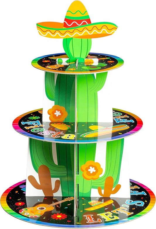 Haooryx Mexican Fiesta Party Cupcake Stand - 3 Tier Let’s Fiesta Cupcake Tower Cardboard Cactus Sombrero Dessert Holder for Kid Cinco De Mayo Taco Summer Carnival Birthday Party Cake Decortion Supply