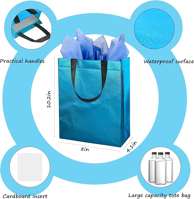BLEWINDZ 18Pcs Sky Blue Bags with Tissues - Reusable 10.2" Medium Gift Bag With Glossy Finish - Perfect as Bridesmaids Gift Bags, Bachelorette Party Bag, Wedding, Birthday Party Favors