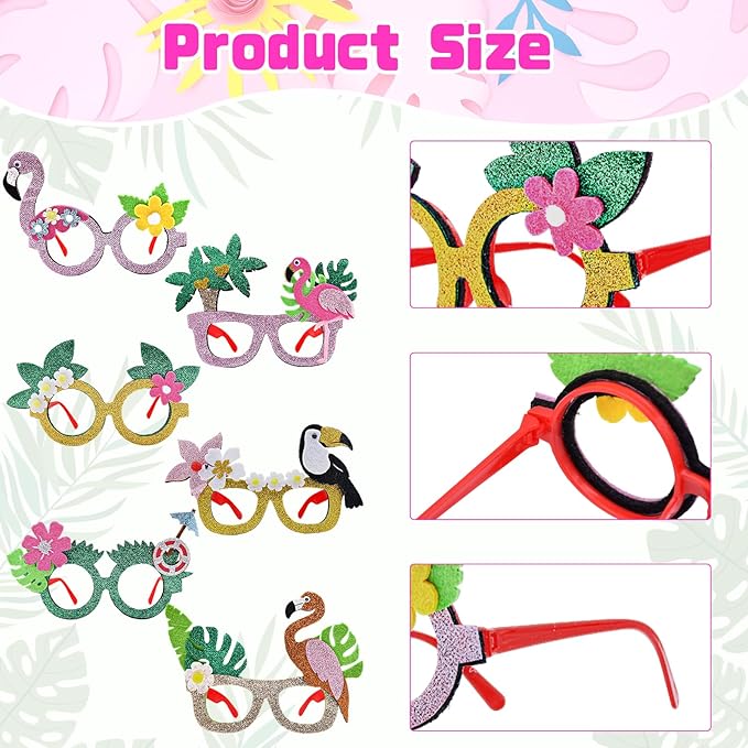 6 Pcs Hawaiian Luau Party Glasses Decor - Glitter Tropical Sunglasses Frames, Novelty Costume Eyeglasses Photo Props for Adults, Fun Summer Beach Party, Pool Party, and Vacation Decorations