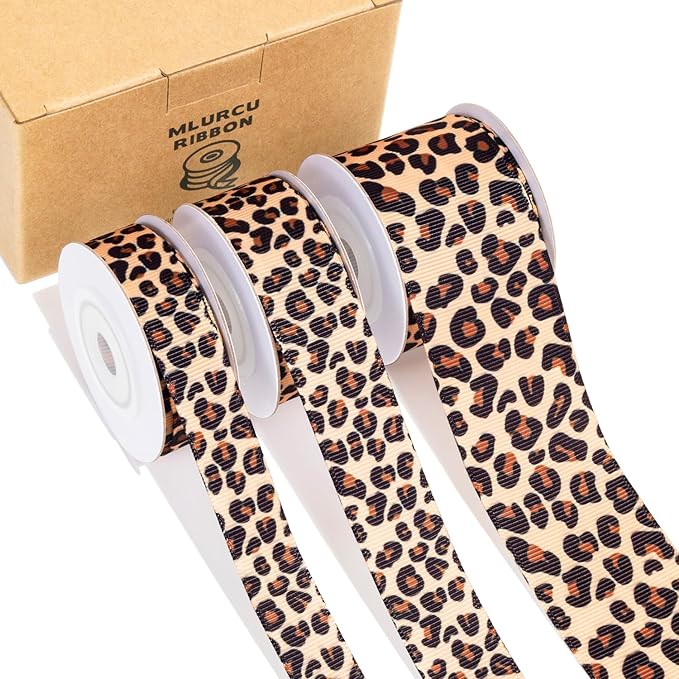 Cheetah Print Ribbon Set 3 Rolls Animal Print Grosgrain Ribbons 5/8", 7/8", 1.5", Jungle Safari Printed Ribbon for Crafts, Gift Wrapping, Flower Bouquet, Wreath & Bows Making, Gift Bags Decor
