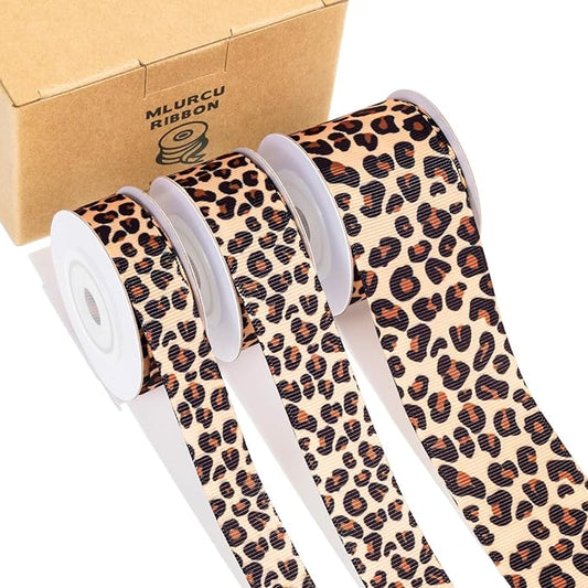 Cheetah Print Ribbon Set 3 Rolls Animal Print Grosgrain Ribbons 5/8", 7/8", 1.5", Jungle Safari Printed Ribbon for Crafts, Gift Wrapping, Flower Bouquet, Wreath & Bows Making, Gift Bags Decor