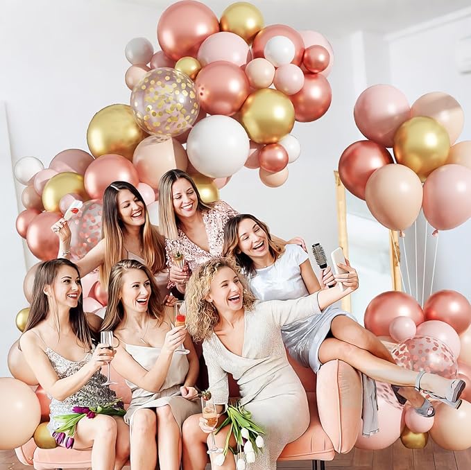 HILAVO Rose Gold Balloon Arch Kit Nude Light Pink Gold Confetti Party Balloon Garland Metallic Pink White Pastel Orange Balloons for Women Princess Baby Shower Bridal Wedding Brithday Party Decor