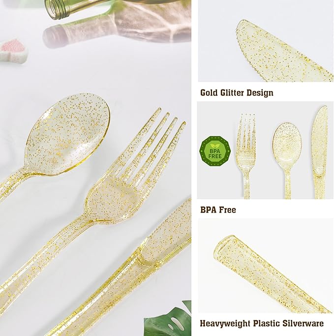 150 Pack Gold Plastic Silverware, Glitter Plastic Silverware Heavy Duty -50 Gold Glitter Forks, 50 Knives, 50 Spoons for Birthday, Baby Shower, Bridal Shower, Family Gathering