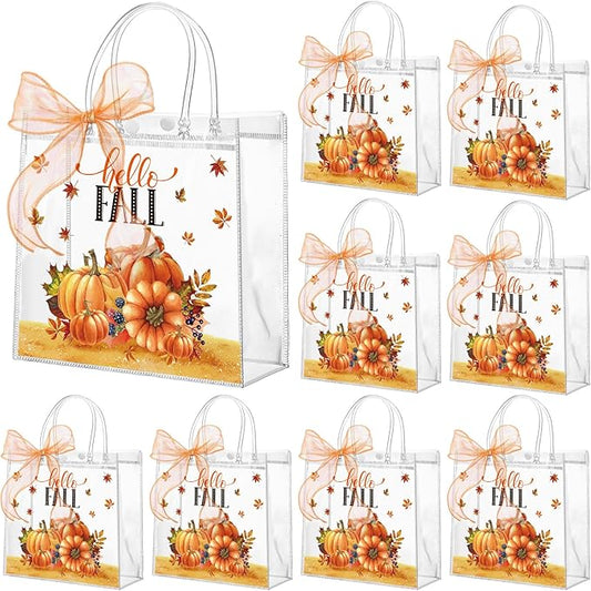 Motipuns 24 Pcs Clear PVC Gift Bags with Handles and Ribbon Party Favor Reusable Plastic Goodie Candy Treat Bags for Birthday Party Supplies(Fall)