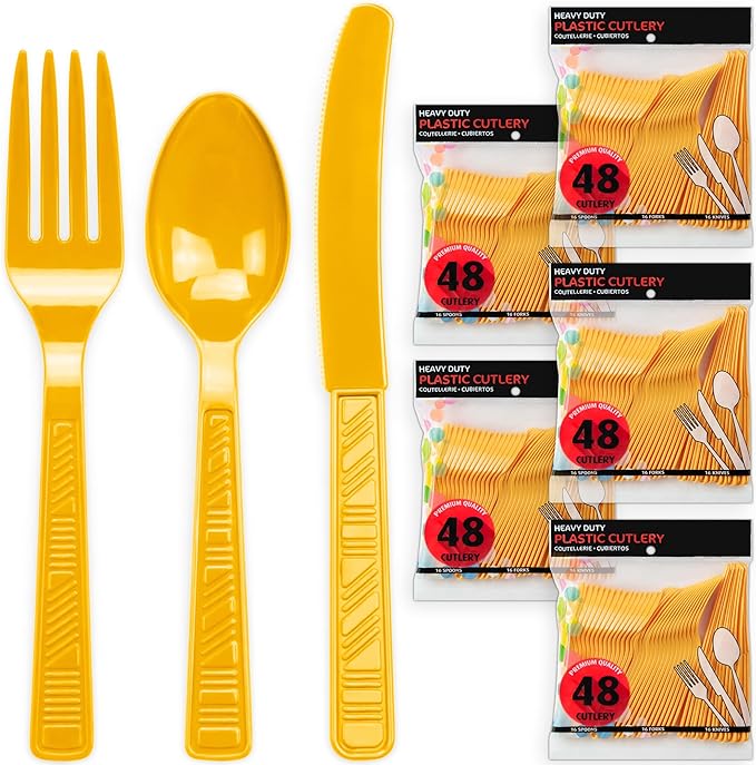 DecorRack Plastic Cutlery Set, Yellow Colored Plastic Silverware Sets for Parties, 240 Piece Bulk Heavy Duty Utensils (Yellow, 240 Pieces)