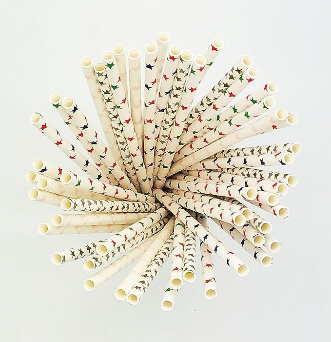 100 Pcs Colorful Disposable Straws, Star Drinking Straws, Rainbow Paper Straws for Juices, Shakes, Cocktail, Smoothies, Party Supplies (White)