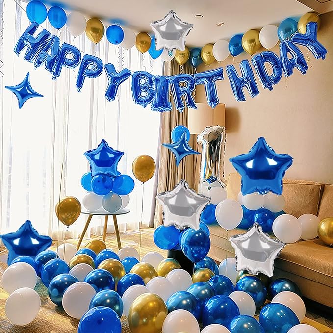 CANREVEL Happy Birthday Banner 13pcs 16 Inch Mylar Foil Letters with 12pcs Star Balloons Birthday Party Decorations for Kids and Adults - 3D Blue