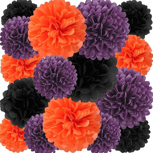 18 PCS Tissue Paper Pom Poms, Tissue Pom Poms Flowers, Sizes of 6", 10", 12", 14" Hanging Paper Flower Ball for Wedding, Birthday, Halloween, Party Decor (Black Orange Purple)