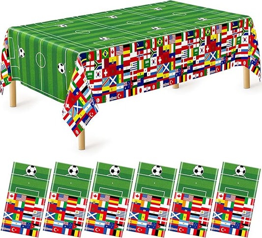 6 Pcs Soccer Tablecloths for Birthday Party Decorations 54 X 108 Inch, Disposable Plastic Table Cover, 2026 Around the World Flags Green Rectangle Tableware Set for Sports Theme Game Party Supplies