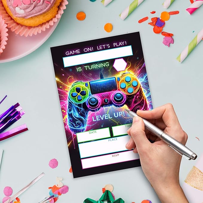 Gaming Themed Birthday Invitations – 20 Invitation Cards 4"x6" with Envelopes.(010)