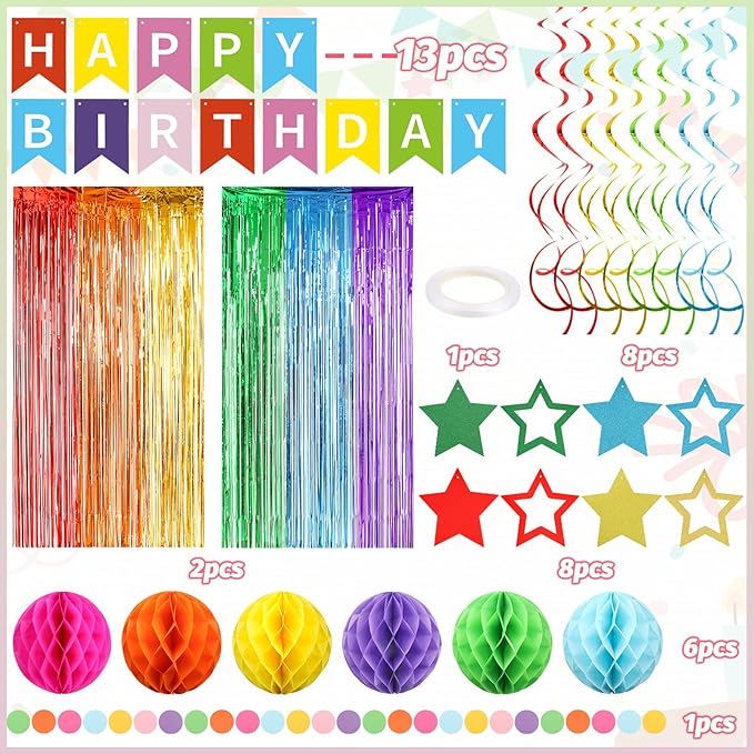 ZERODECO Birthday Decorations, Happy Birthday Banner with Paper Honeycomb, Star Hanging Swirl, Fringe Curtain, Garland, Party Decorations for Women Men Boys Girls (Multicolored)