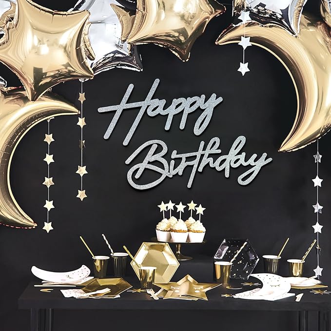 Silver Happy Birthday Sign for Backdrop - Felt Happy Birthday Letters for Balloon Arch Party Wall Decor Large Signs for Boys Girls Women Baby Shower Decorations
