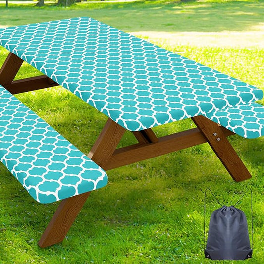 Smiry Picnic Table Cover with Bench Covers, Waterproof Elastic Fitted Tablecloth for 8 Foot Tables, Washable Polyester Tablecloths for Camping, Indoor & Outdoor (Teal, 30x96 Inch 3-pc Set)