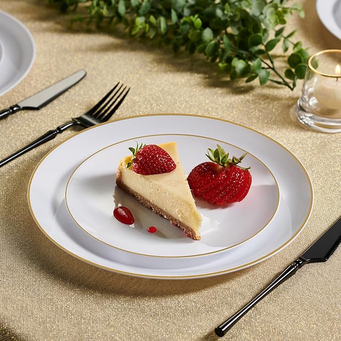 PLASTICPRO 32 Piece Combo Plates Set includes 16-7'' inch Plate & 16-10'' inch Plates White Plastic Organic Party Plate With Gold Rim, Premium heavyweight Elegant, Tableware, Dishes,