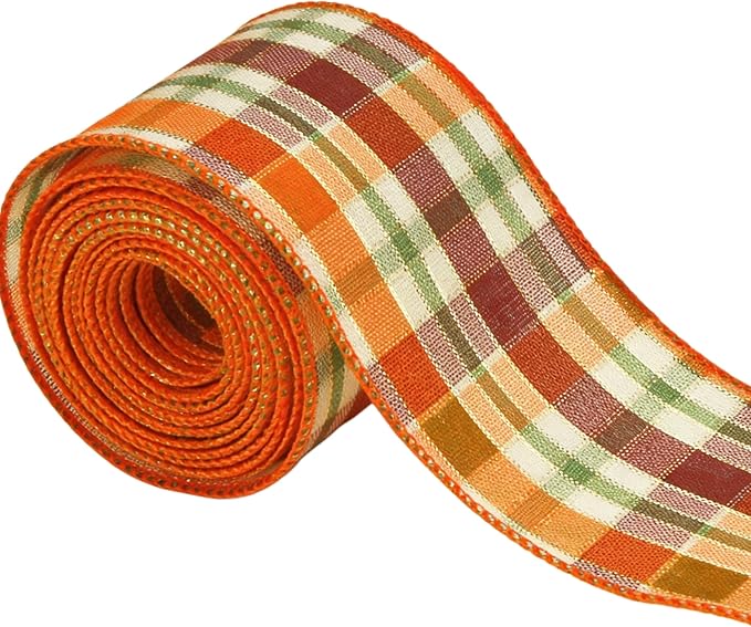 Meseey 1.5 Inch x 10 Yards Orange Green Burgundy White Plaid Wired Ribbon, Fall Tartan Check Wired Edge Ribbon for Wreaths, Bows, Gift Wrapping, Thanksgiving & Halloween Decor(Burgundy/Orange)